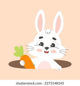 С un conejo blanco de Pascua con zanahoria en el agujero. Ilustración vectorial de dibujos animados.