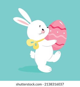 White Easter Bunny Carrying Decorated Egg on Blue Background Vector Illustration
