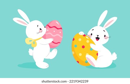 White Easter Bunny Carrying and Embracing Colorful Egg on Blue Background Vector Set