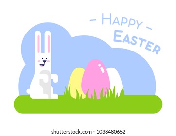 White Easter bunny and colored eggs on green lawn. Happy Easter holiday concept. Flat design vector illustration. Banner with text