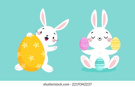 White Easter Bunny with Colorful Egg Sitting on Blue Background Vector Set