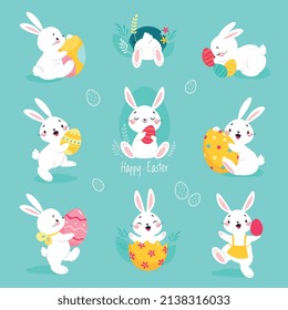 White Easter Bunny with Decorated Egg on Blue Background Vector Set