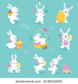 White Easter Bunny with Decorated Egg on Blue Background Vector Set