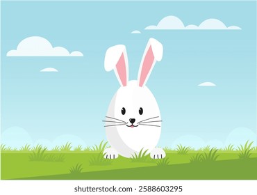 White Easter bunny in an egg shape stands in a grassy field with a blue sky. vector illustration.