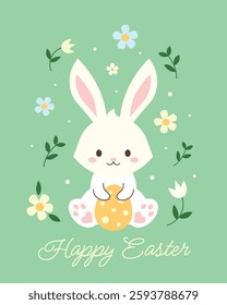 White Easter bunny and easter egg. Vector flat illustration isolated on pastel green background.