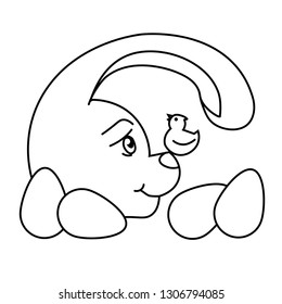 white easter bunny, eggs, singing bird. Happy Easter card, bunny cartoon vector illustration. Coloring book page for adults and kids.