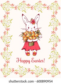 White Easter Bunny with flowers. Easter card.   Hand-drawn illustration. Vector.