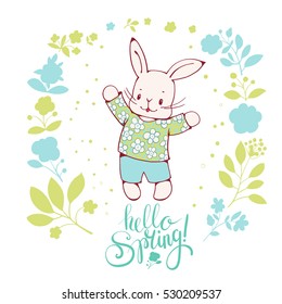  White Easter Bunny with flowers. Hand Lettering "Hello spring!" Hand-drawn illustration. Vector