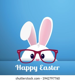 White Easter bunny with glasses on a blue background - Vector illustration