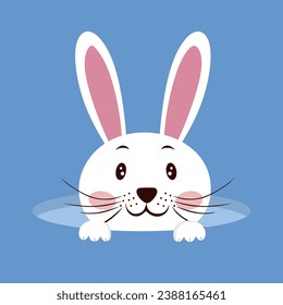 White Easter bunny. Happy easter background with beautiful rabbit isolated on blue background. Holiday design for greeting card, poster, brochure, cover. Rabbit character, flat vector illustration