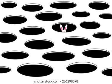 White Easter Bunny is hiding in one of the black holes, but generating large pink and white ears.