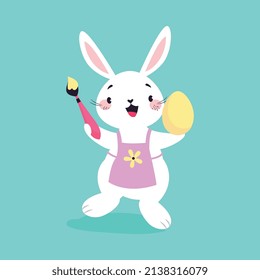 White Easter Bunny Holding Brush and Egg Wearing Apron on Blue Background Vector Illustration