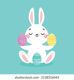 White Easter Bunny Holding Decorated Egg on Blue Background Vector Illustration