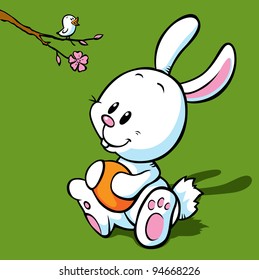 white easter bunny holding egg, looking at bird singing on flowering branch