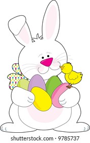 A white Easter Bunny holding lots of Easter eggs