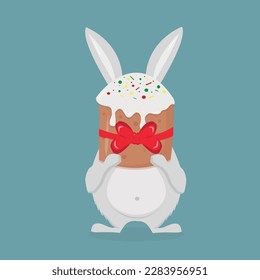 a white Easter bunny holds an Easter cupcake with white spread and a red bow in its paws on a blue background