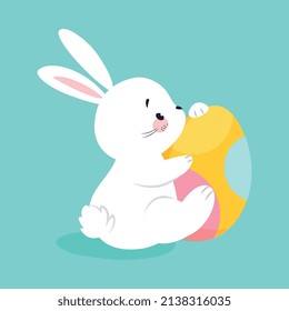 White Easter Bunny Hugging Decorated Egg on Blue Background Vector Illustration