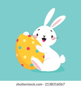 White Easter Bunny Hugging Decorated Egg on Blue Background Vector Illustration