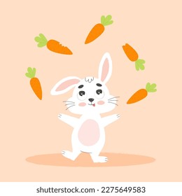 Сute white easter bunny juggles carrots. Cartoon vector illustration.