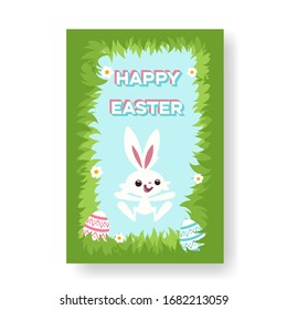 White easter bunny jumping with joy among the painted eggs, Happy Easter