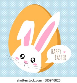 White easter bunny with long ears on a light blue background in polka dots. Vector illustration.