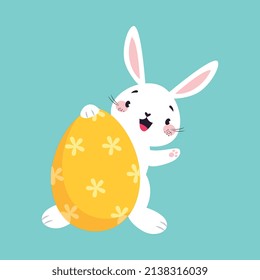 White Easter Bunny Looking Out of Decorated Egg and Waving Paw on Blue Background Vector Illustration