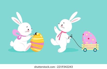 White Easter Bunny Painting Colorful Egg and Pulling Trolley on Blue Background Vector Set