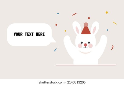 White Easter Bunny With Party Hat Celebrating. Flat Holiday Vector Design Illustration With Speech Bubble For Text. Use For Website Landing Page, Greeting Card, Cover, Banner, Poster, Mobile App.