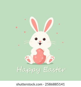 White easter bunny with pink egg sitting on green background, Happy Easter text at the bottom. Postcard for the Easter holiday.