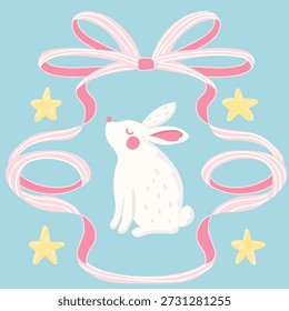 A white Easter bunny in a pink striped ribbon bow frame on a blue background with yellow stars. Vector pattern illustration. Flat, cute folk print.