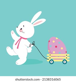 White Easter Bunny Pulling Trolley with Decorated Egg on Blue Background Vector Illustration
