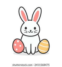 Conejo conejo conejito de Pascua Blanca con ilustración vectorial de huevos de Pascua pastel. Felices vacaciones de primavera.