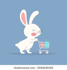 White Easter bunny rabbit with shopping cart and painted eggs on blue background