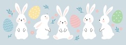 White Easter Bunny Rabbits In Different Poses And Pastel Easter Eggs Vector Illustration.