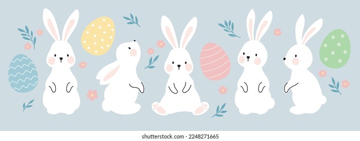 White Easter bunny rabbits in different poses and pastel Easter eggs vector illustration. - Shutterstock ID 2248271665