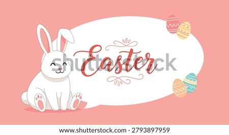 White easter bunny sitting beside a blank speech bubble with eggs and festive decorations on a pink background for spring holiday.