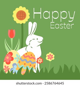 White easter bunny sitting in the grass with decorated eggs and spring flowers, wishing happy easter on a green background