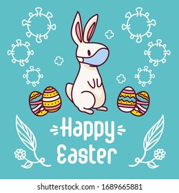 White easter bunny wearing a face mask near the colorful eggs, coronavirus