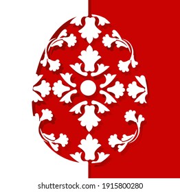 White Easter card in minimal paper cut style on red background. Inside the Easter eggs monograms and flowers. Stock vector illustration isolated on white background.