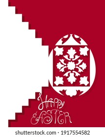 Weiße Osterkarte in minimalem Papierschnitt auf rotem Hintergrund. Im Inneren der Ostereier Monogramme und Blumen. Stock-Vektorgrafik einzeln auf weißem Hintergrund.