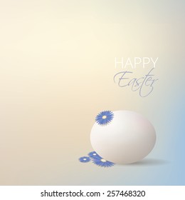 white easter egg and blue aster flowers isolated on soft gentle blurred background with copy space