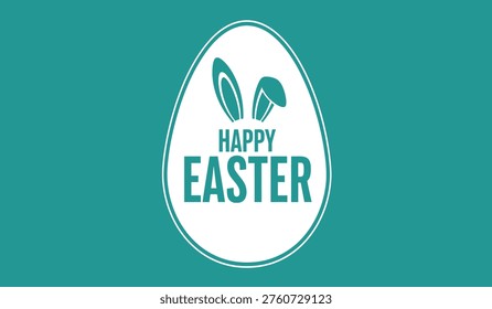 A white Easter egg with bunny ears and 'HAPPY EASTER' text on a teal background, likely used for holiday greeting