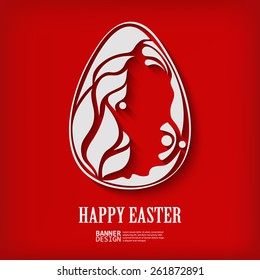 white easter egg with floral elements on red background - vector illustration