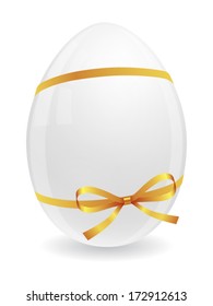 White easter egg with gold bow and ribbons on white background. Vector illustration