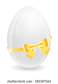 White easter egg with gold bow and ribbons on white background. Vector illustration