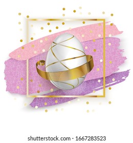 White Easter Egg in Gold Square with Pink Blots on white background. Grunge. Easter banner.