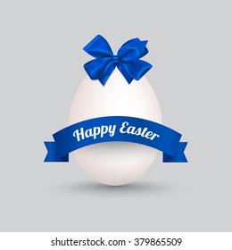 White easter egg and Happy Easter text on blue ribbon.