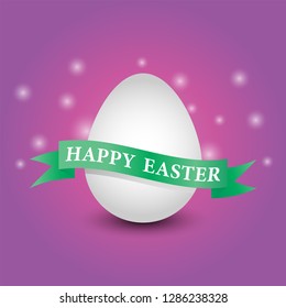 White Easter egg on gradient purple background with happy Easter inscription on green ribbon-vector illustration