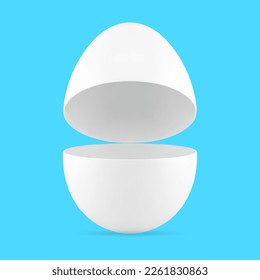 White Easter egg open box for holiday surprise pack 3d icon realistic vector illustration. Cute chicken eggshell abstract container for present religious day festive celebration glossy premium design