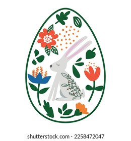 White Easter egg painted with flowers and bunnies on a white background. Festive clip art